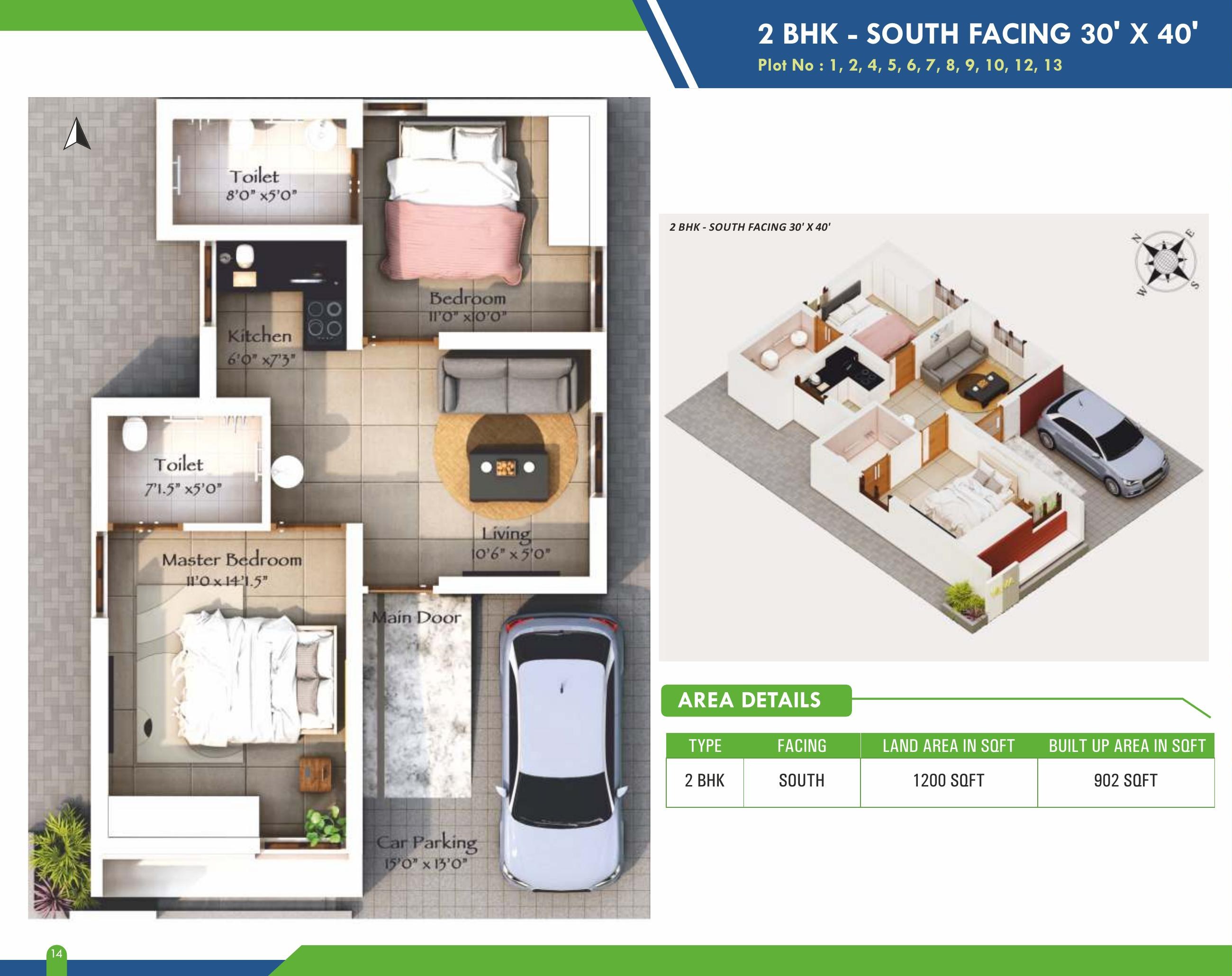 2 BHK Villa (South compact) floor plan
