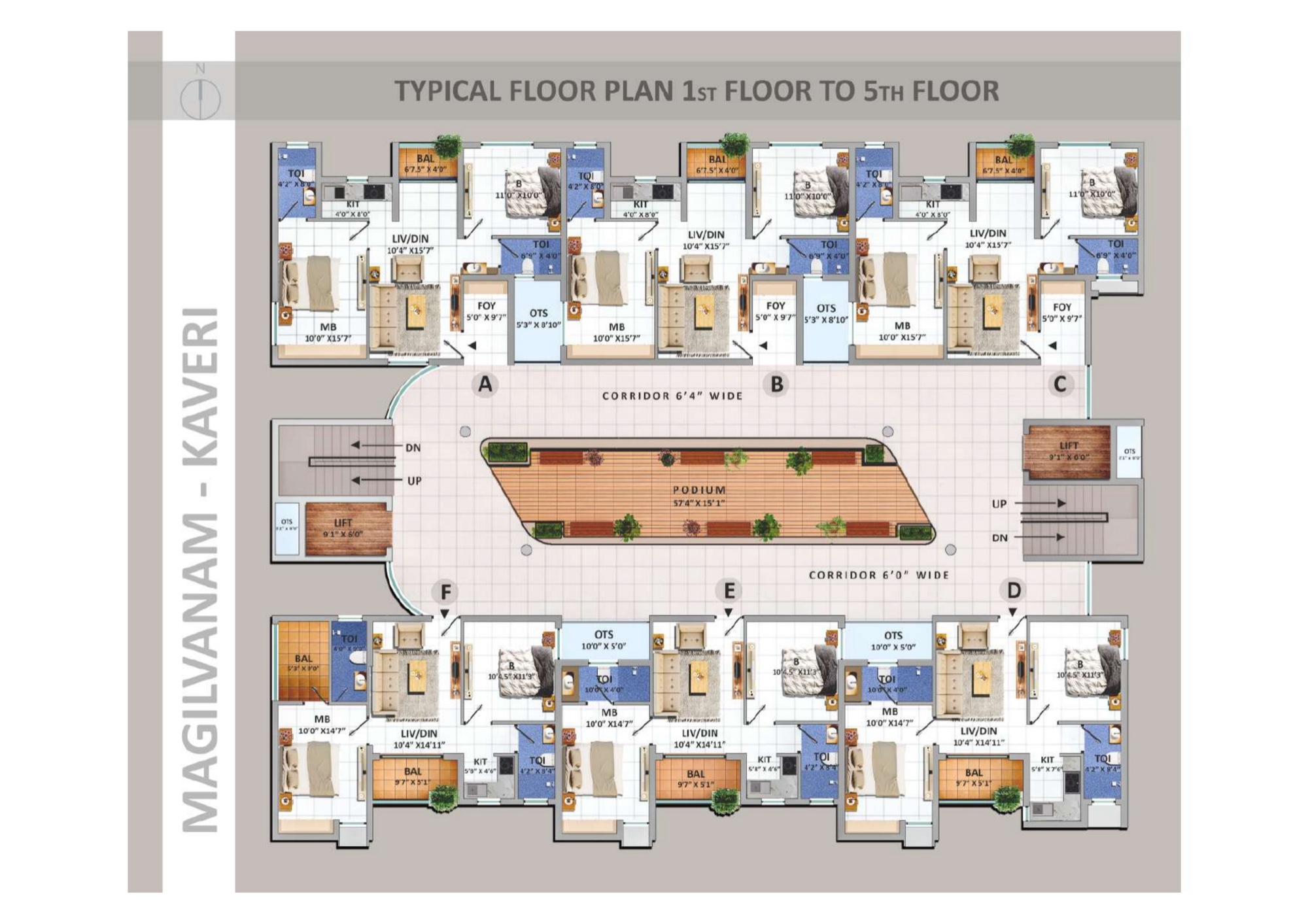 Kaveri Block typical floor plan showing the central podium garden, two lifts and six 2 BHK flats